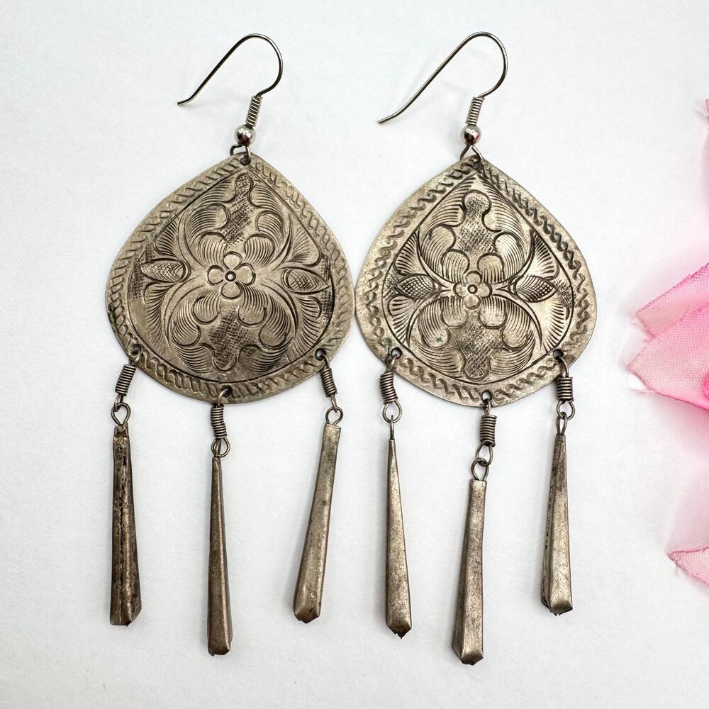 Boho Earrings Etched Floral Teardrop Dangle Handmade Festival Ethnic Lighteight